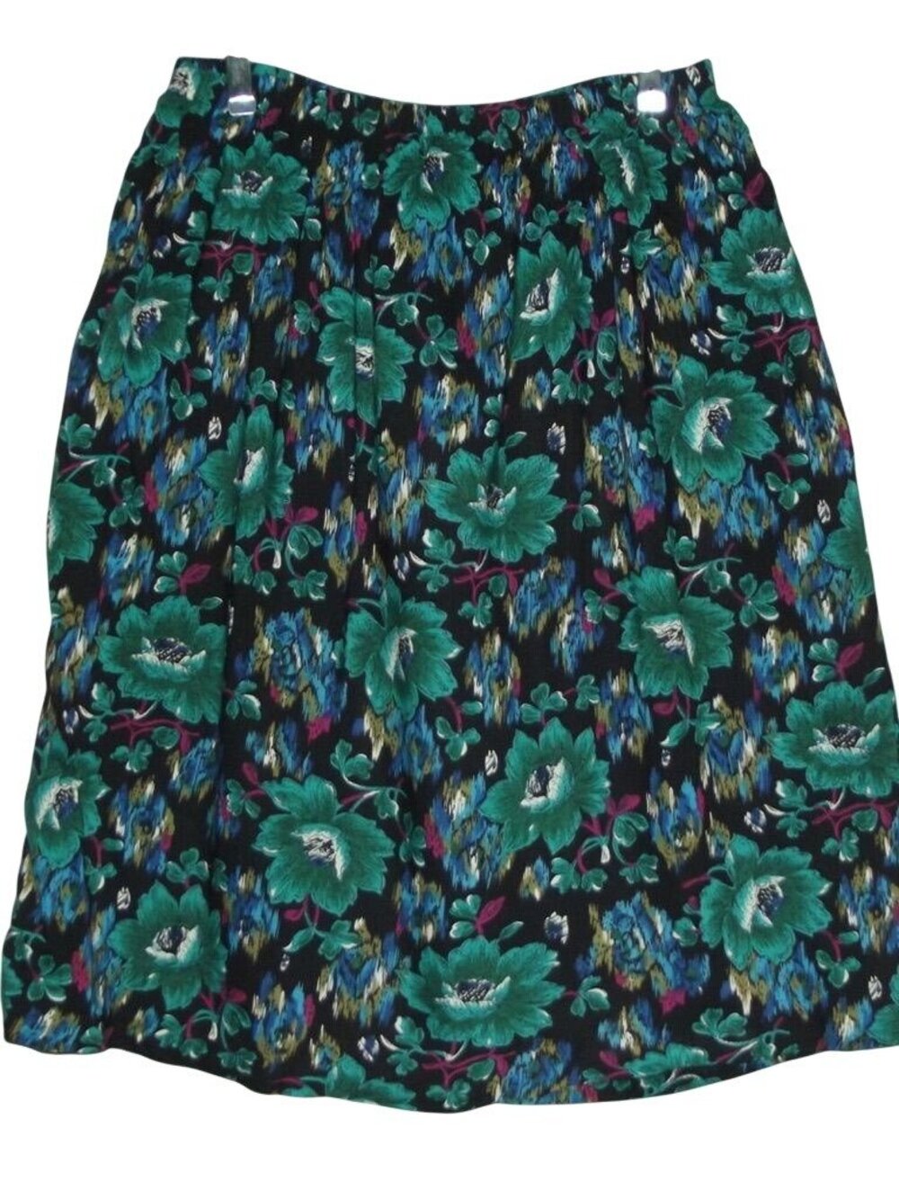 Skirt Womens Medium vintage black blue green floral Elastic Waist below knee